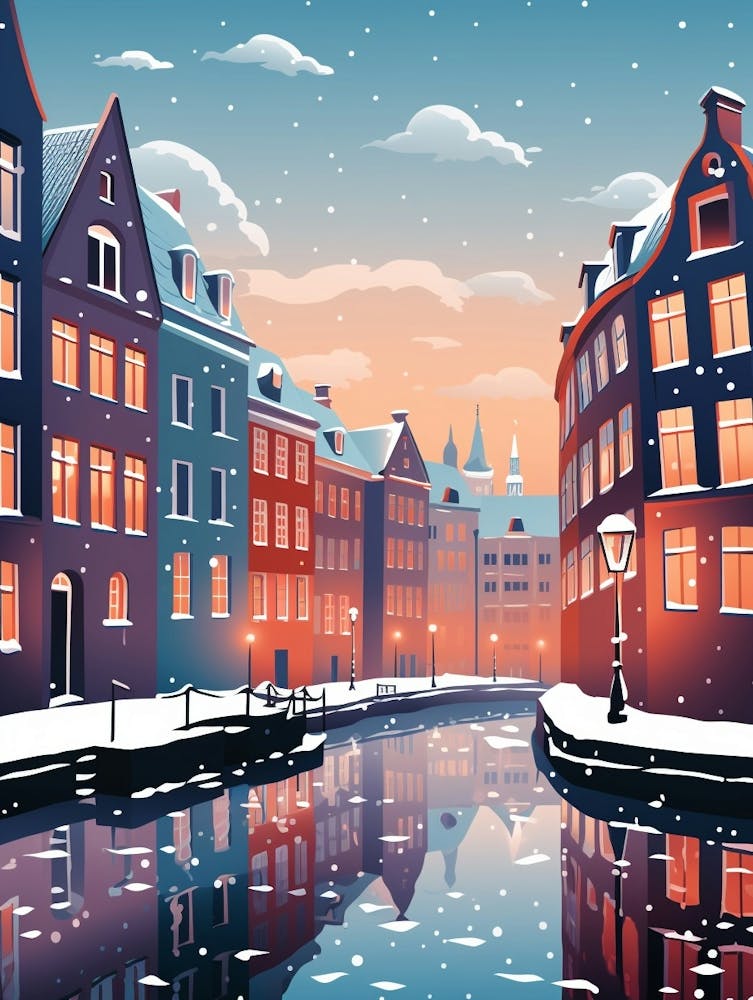 Winter Travel Night Illustration Copenhagen Denmark 6