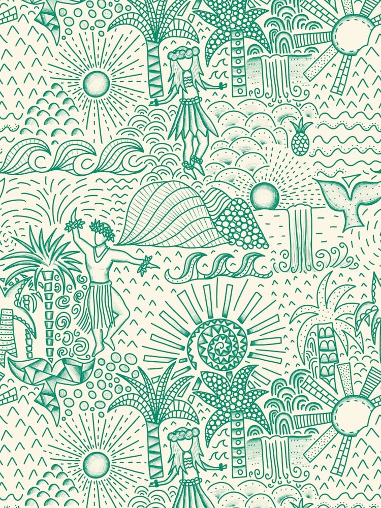 Hawaiian Toile Polynesian Hula Dance Tropical Landscape Emerald Green Cream White