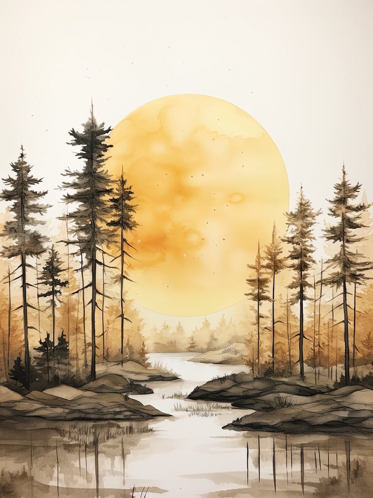 Watercolour Of A The Woods With A Moon 2