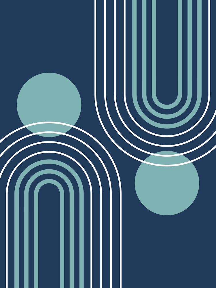 Mid Century Modern Geometric B27 In Navy Blue And Turquoise (Rainbow And Sun Abstract) 01