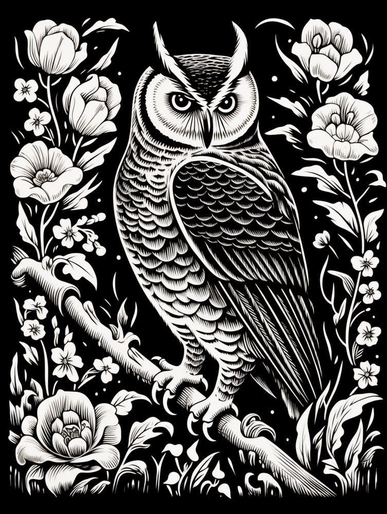 B&W Bird Linocut Great Horned Owl 1