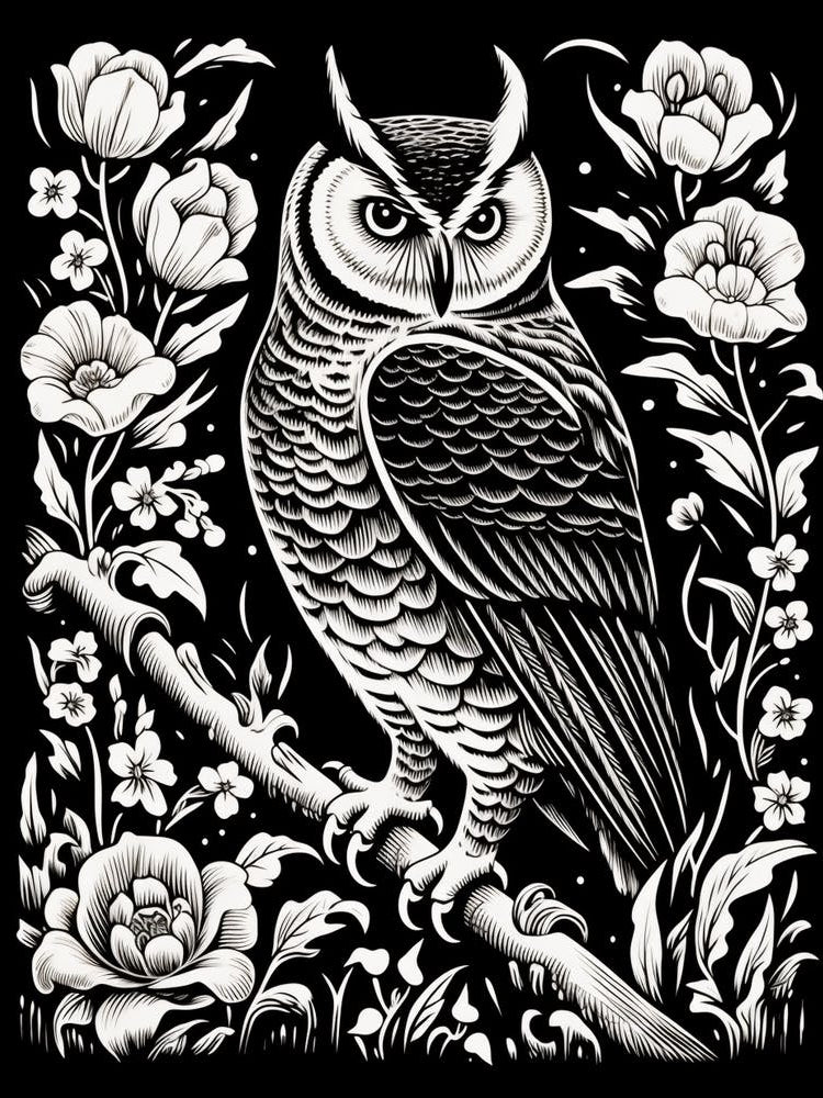 B&W Bird Linocut Great Horned Owl 1