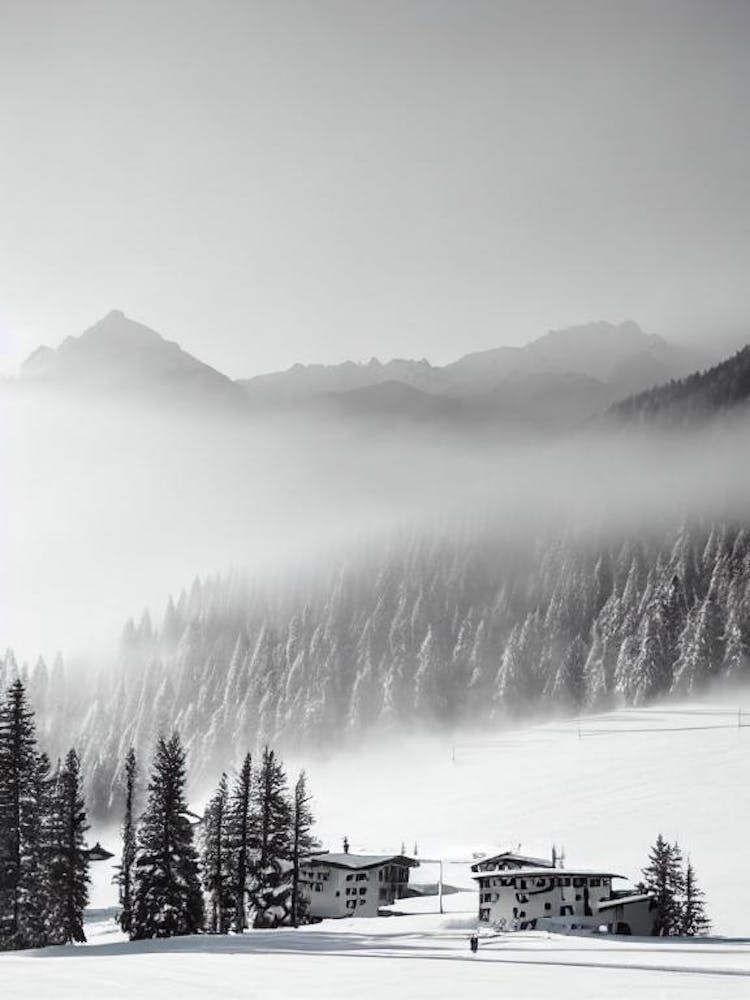 Courmayeur, Italy Black And White Skiing Poster