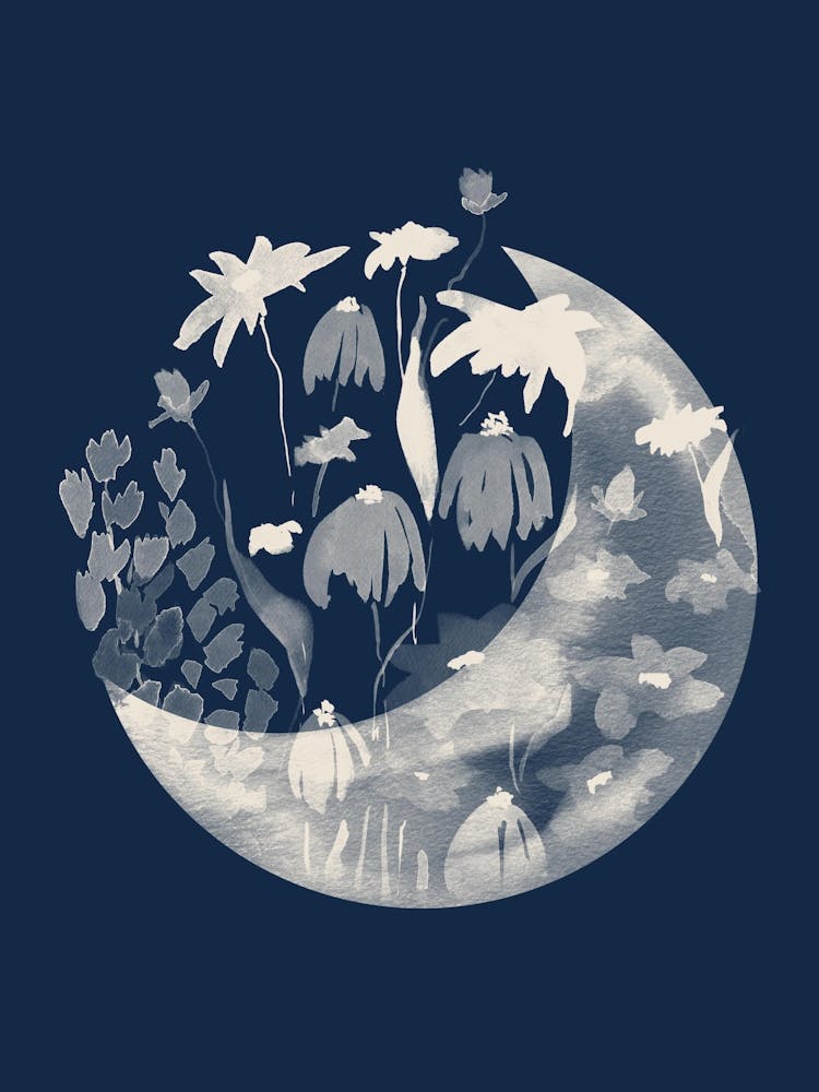 Moon And Flowers in Navy Blue, Watercolor
