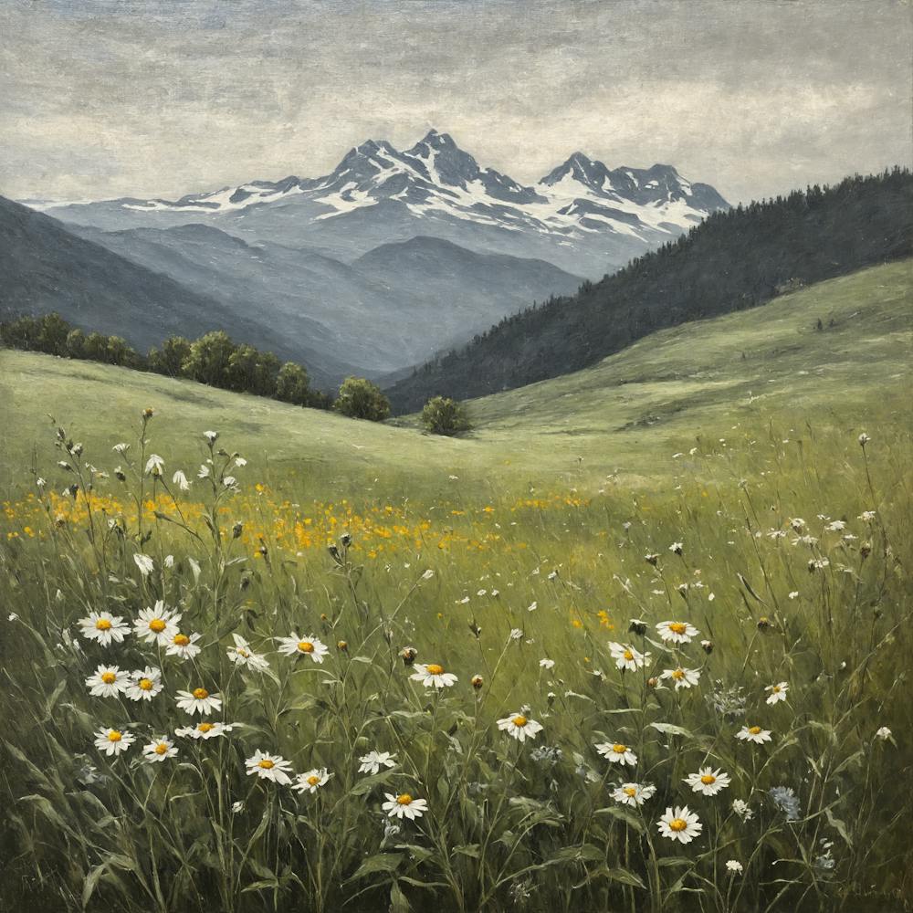 Vintage Oil Painting of Wild Flowers in a Meadow, Mountains in the Background 22