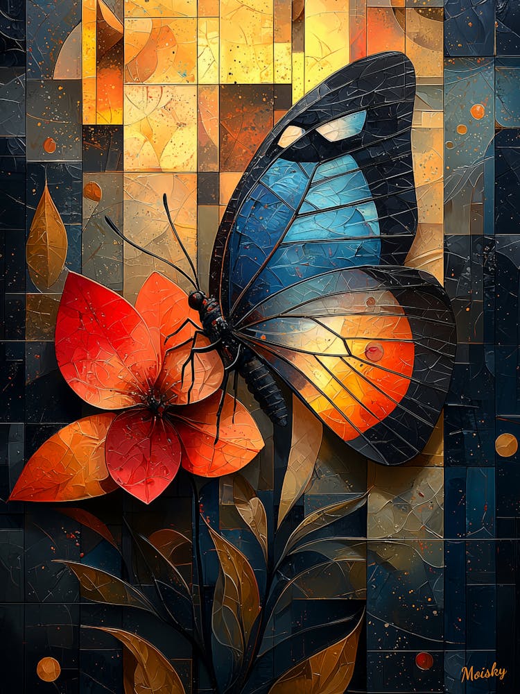 Butterfly On A Flower, Cubism in Stained Glass Style