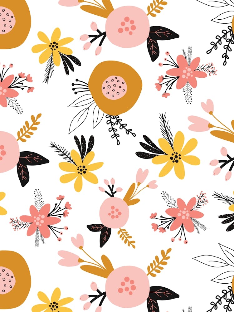 Abstract Scandinavian Floral Yellow, Pink, Black, White