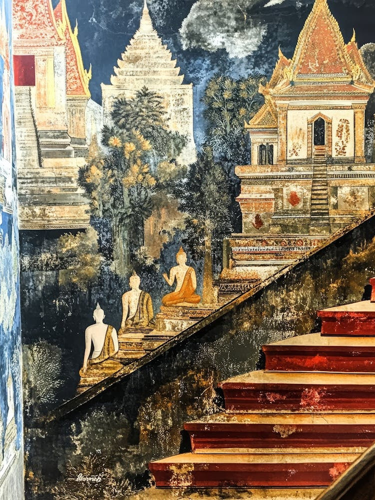Ancient Buddhist Temple Painting Of The Life Of Buddha Inside Of Wat Pho In Bangkok, Thailand 1