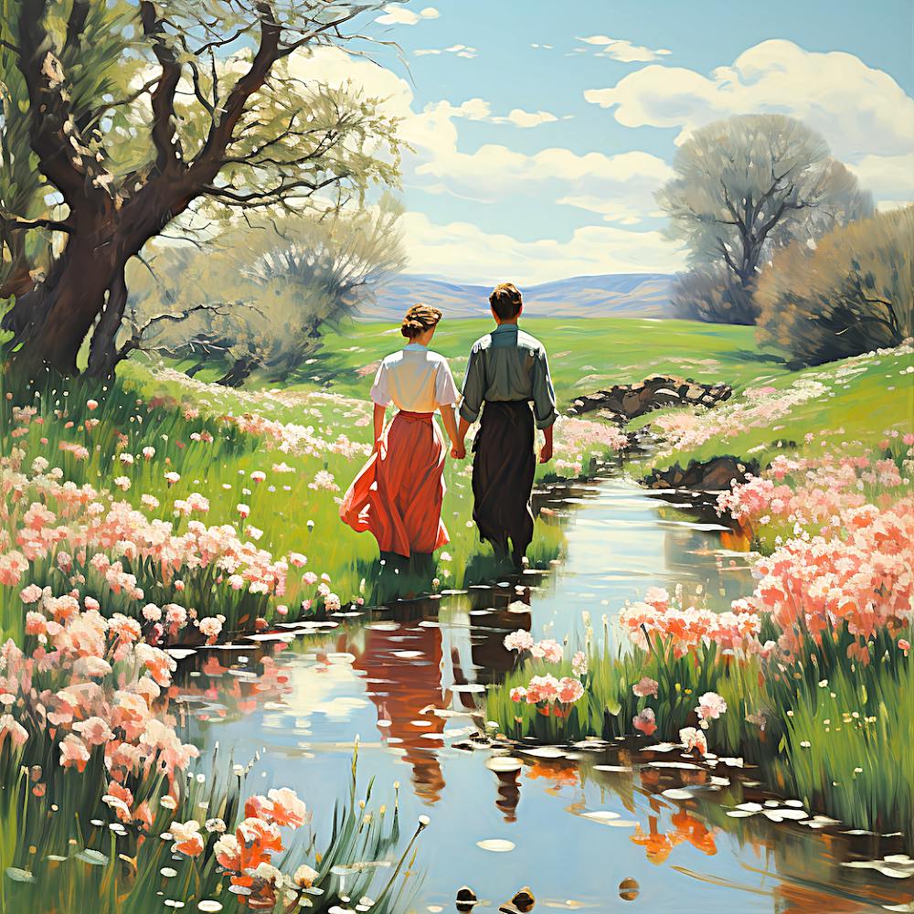 Couple Walking By A Stream