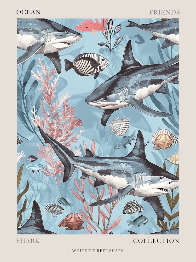 Pastel Blue White Tip Reef Shark Watercolour Seascape Pattern 1 Poster
