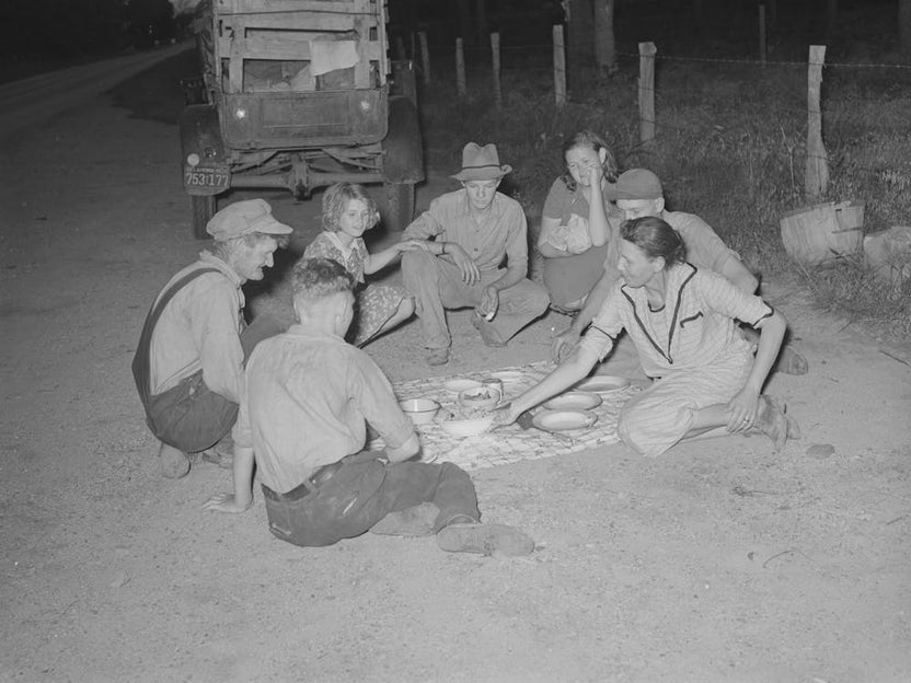 Migrant Family Encamped Along Roadside Eating Meal, Near Henryetta, Oklahoma By Russell Lee