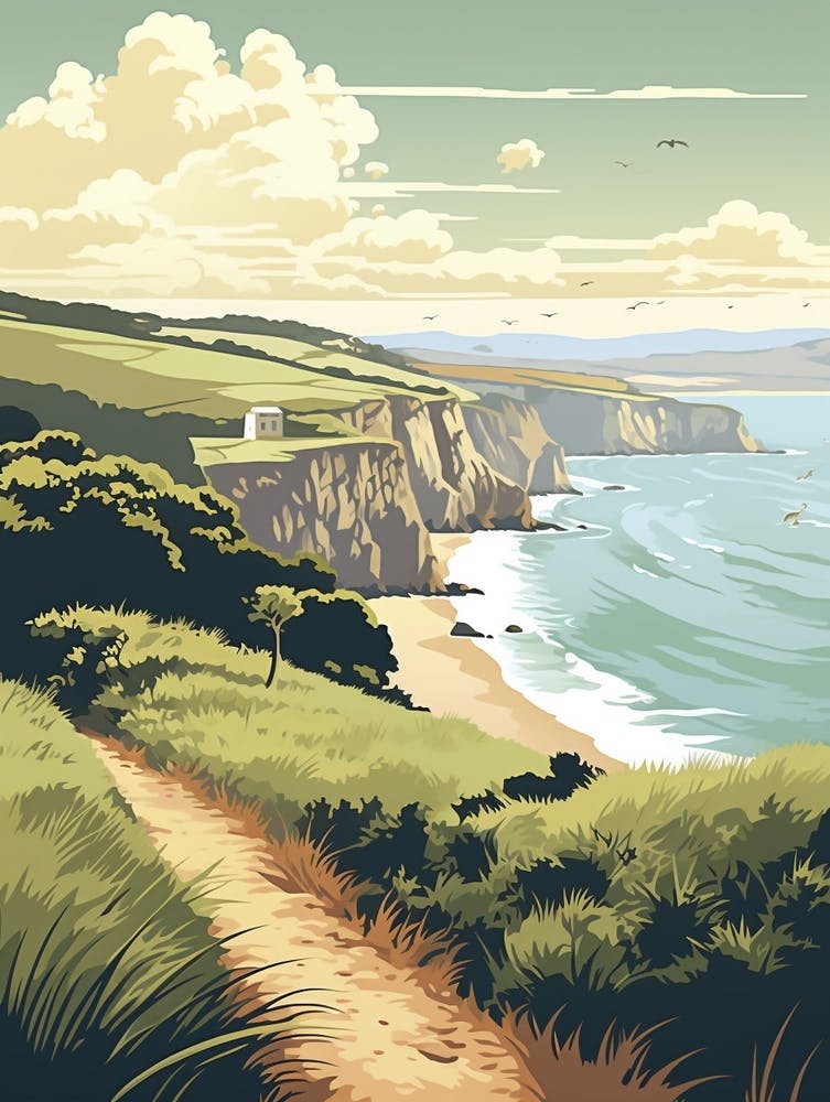 South West Coast Path England 4 Vintage Travel Illustration