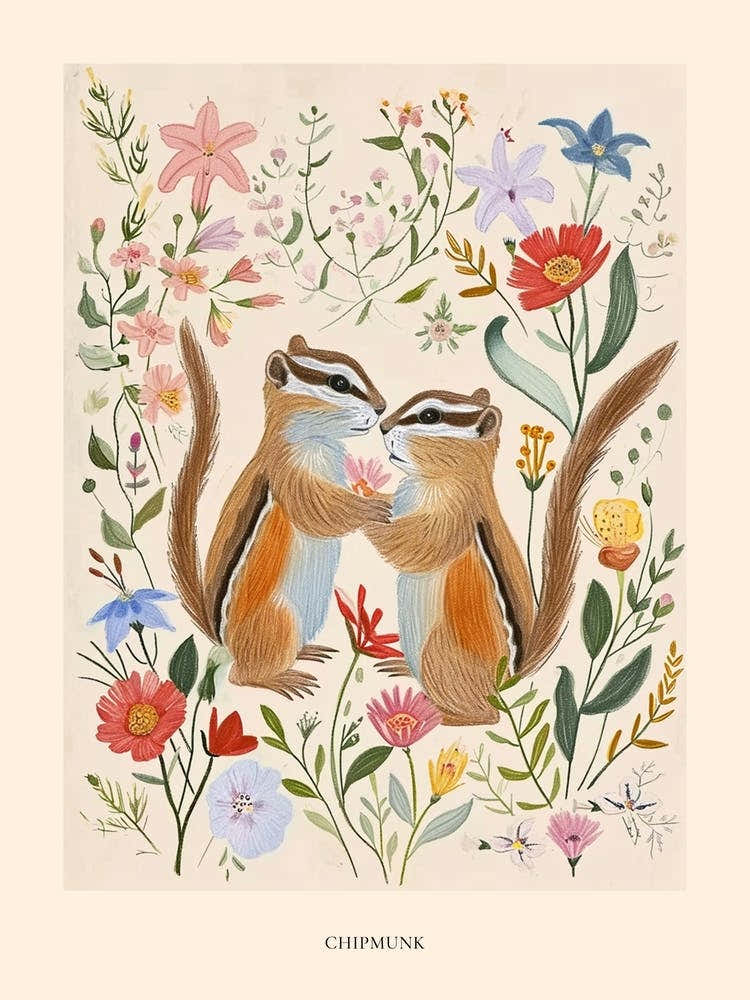 Folksy Floral Animal Drawing Chipmunk 3 Poster