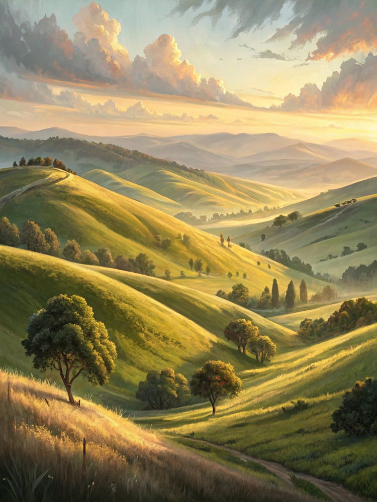 Oil Painting Style Soft Golden Glow On Rolling Hill