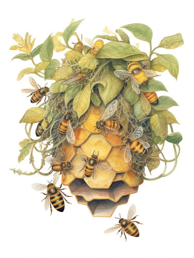 Swarm Bee Beehive Watercolour Illustration 2