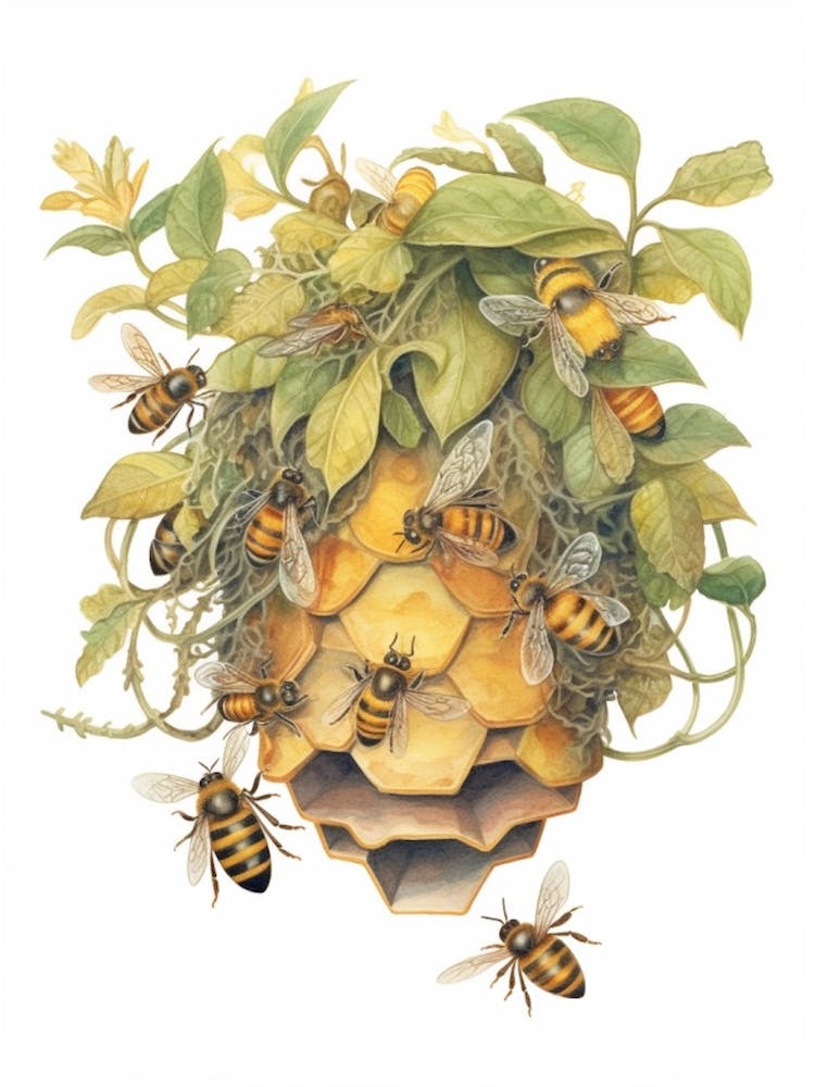 Schwarm Biene Bienenstock Aquarell Illustration 2