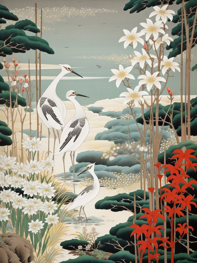 Snowdrop And Cranes Vintage Japanese Botanical