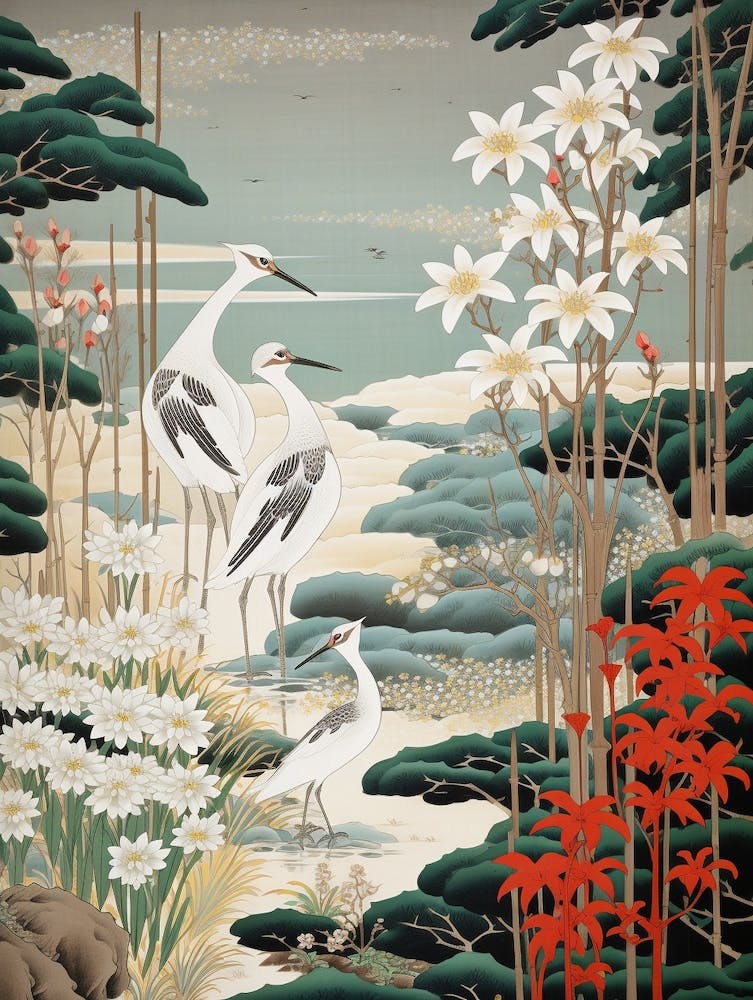 Snowdrop And Cranes Vintage Japanese Botanical