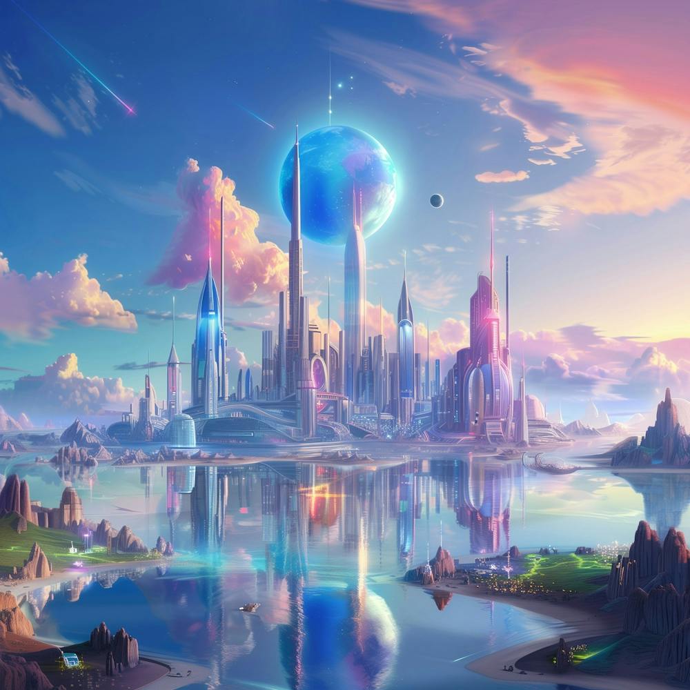 Futuristic City With Futuristic Buildings, In The Style Of Magali Villeneuve, Sky Blue And Pink, 32k Uhd, Martiros Saryan, Seapunk, Horizons, Transportcore 1