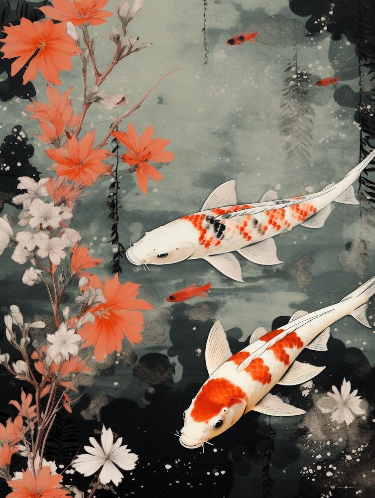 Orange Koi Fish Watercolour With Botanicals 6