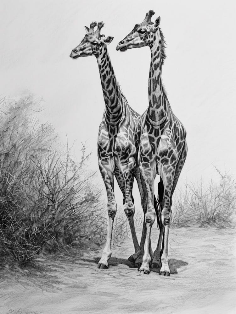 Two Giraffe Together Pencil Drawing 2