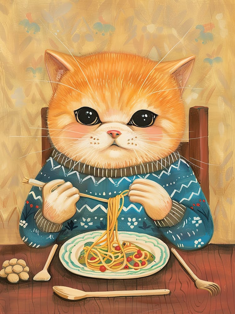 Tan Cat Pasta Lover Folk Illustration 3