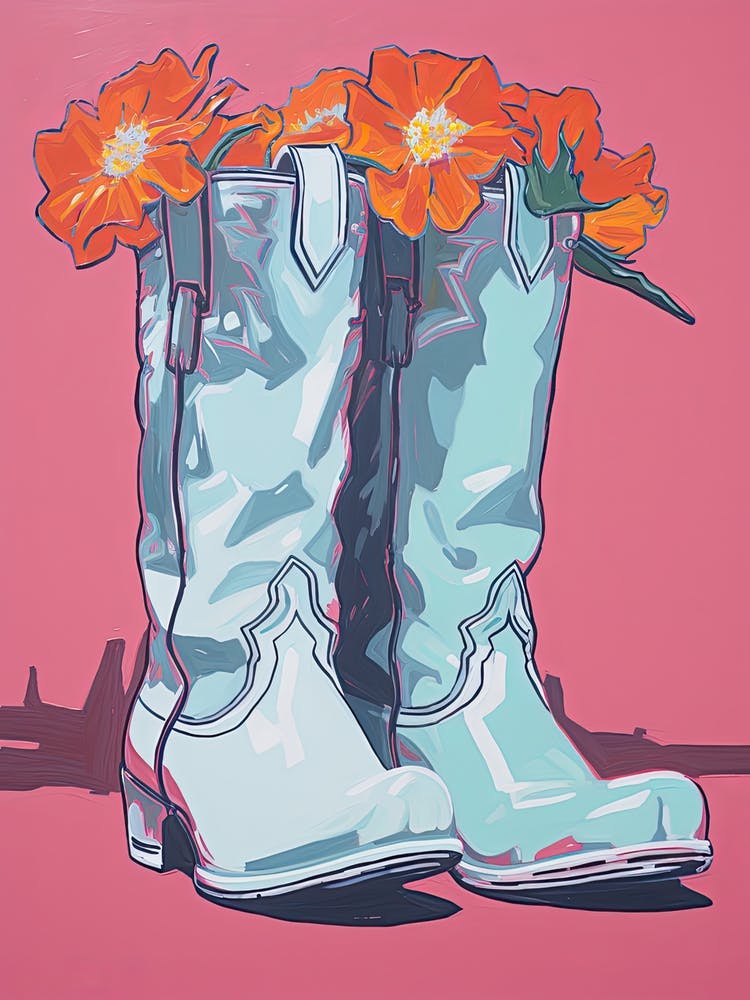 Une Peinture De Bottes De Cowboy Aux Fleurs Oranges, Style Fauviste, Nature Morte 6