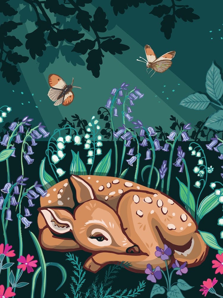 Sleepy Fawn In Bluebell Woods