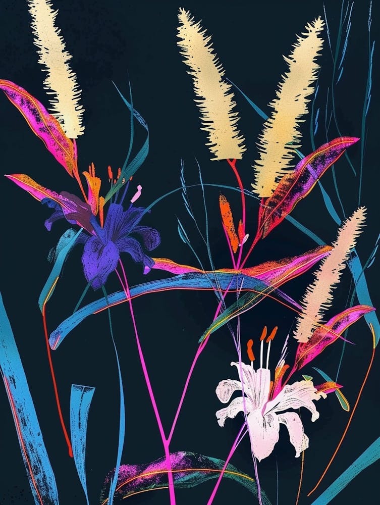 Neon Flowers On Black Fountain Grass 4