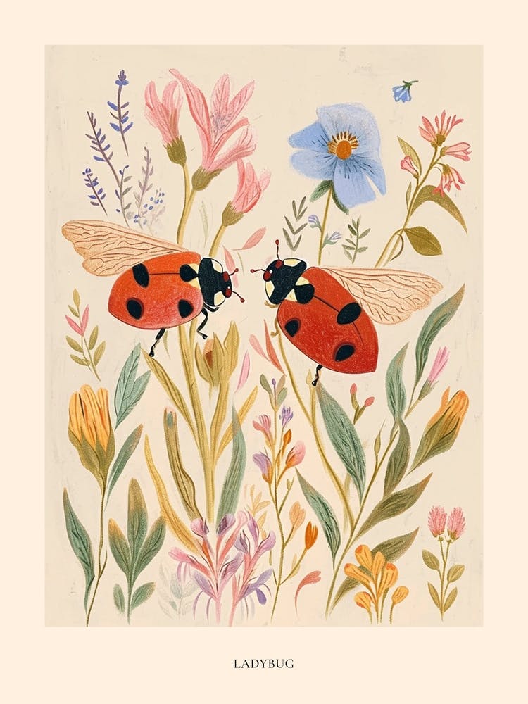 Folksy Floral Animal Drawing Ladybug Poster