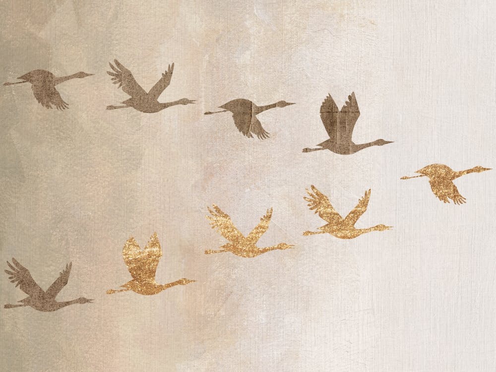 Beige Gold Japanese Flying Birds Artwork