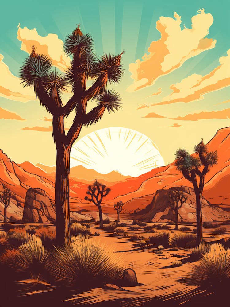 Joshua Tree At Sunrise In Retro Illustration Style (1)