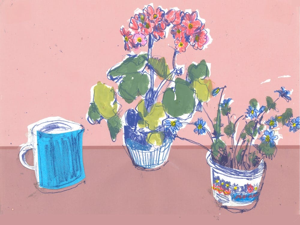 Blue Jug And Dancing Flowers 