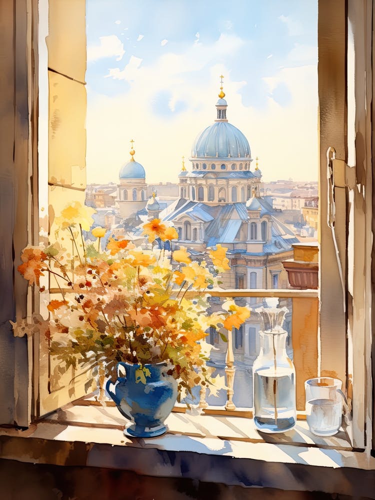 Window View Of Kiev Ukraine In Autumn Fall, Watercolour 2