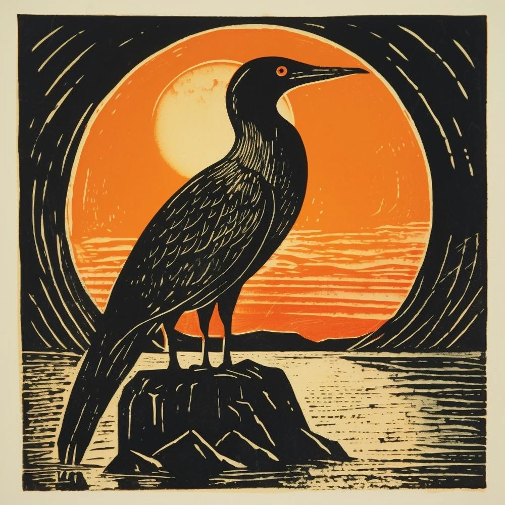 Retro Bird Lithograph Cormorant 3