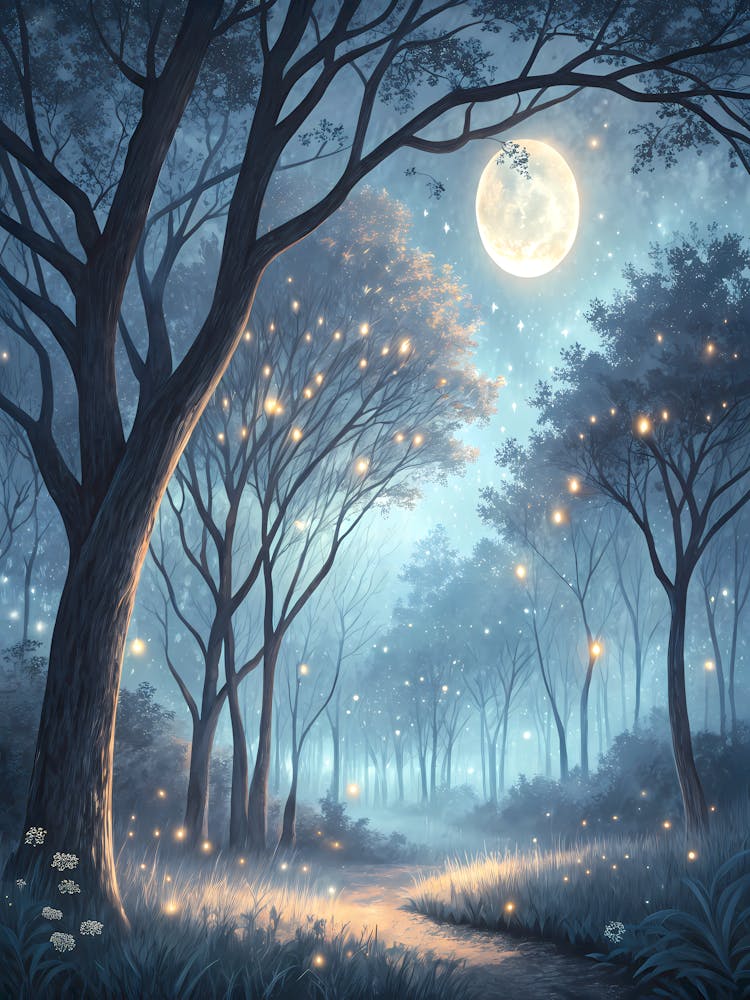 Oil Painting Style Moonlit Enchanted Forest Glowing Path & Magical Trees