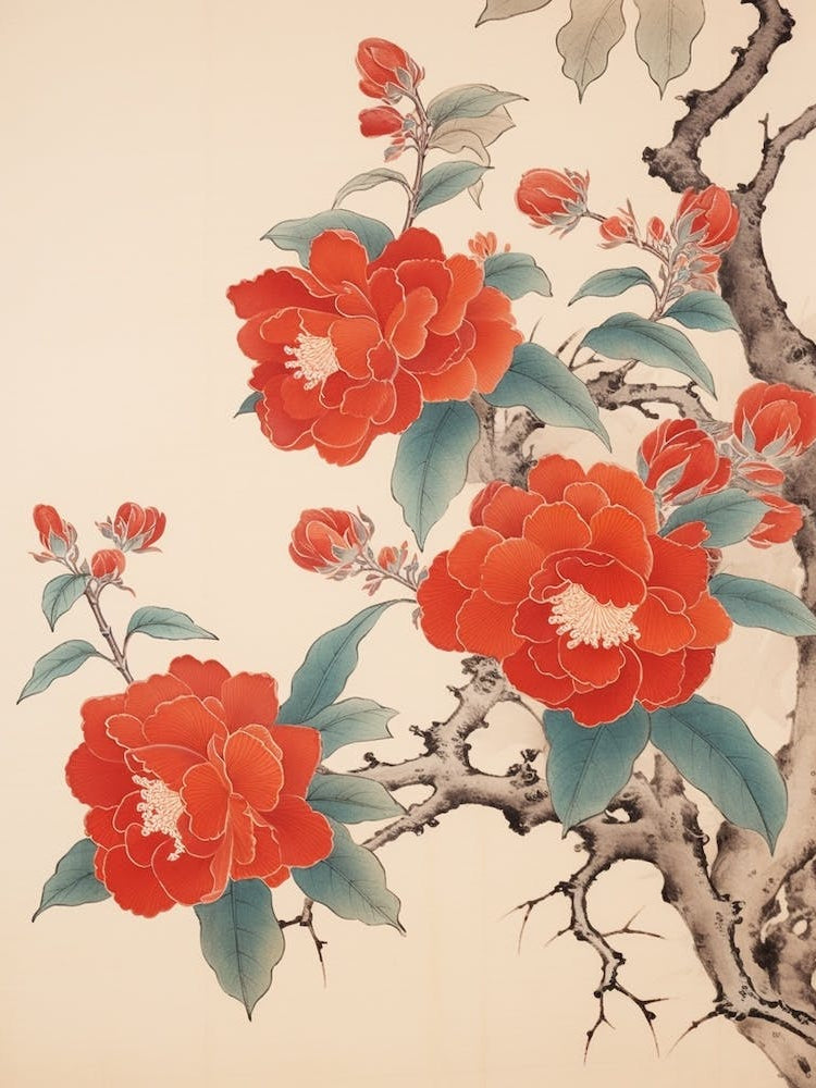 Tsubaki Camellia 2 Vintage Japanese Botanical