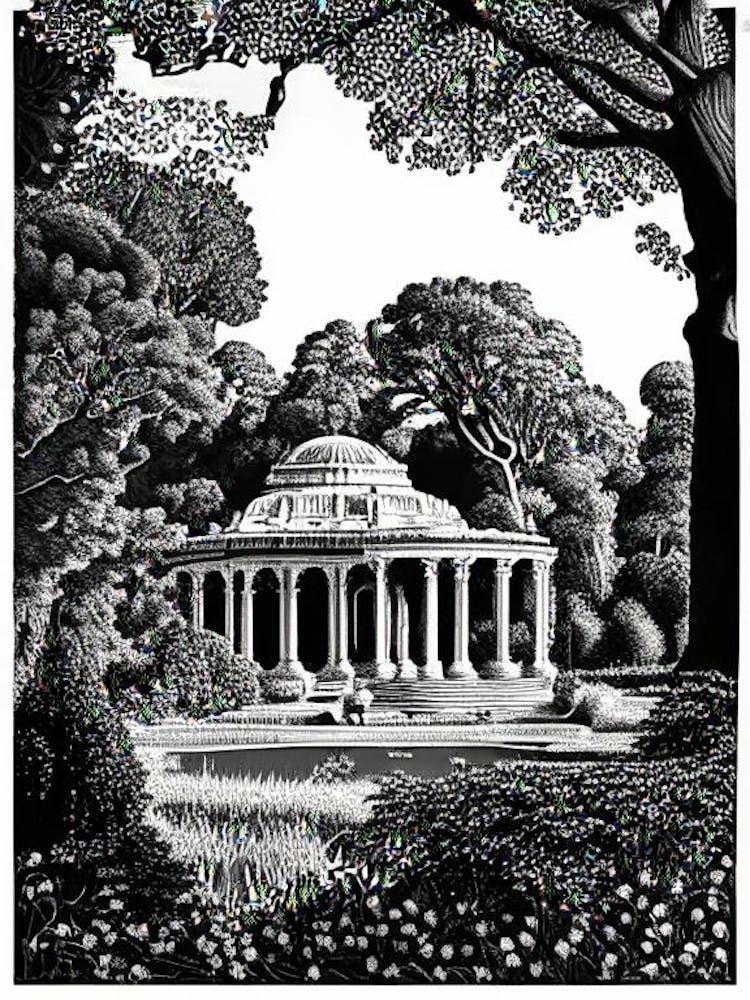 Villa Borghese Gardens, 1, Italien Linolschnitt Schwarz-Weiß Vintage