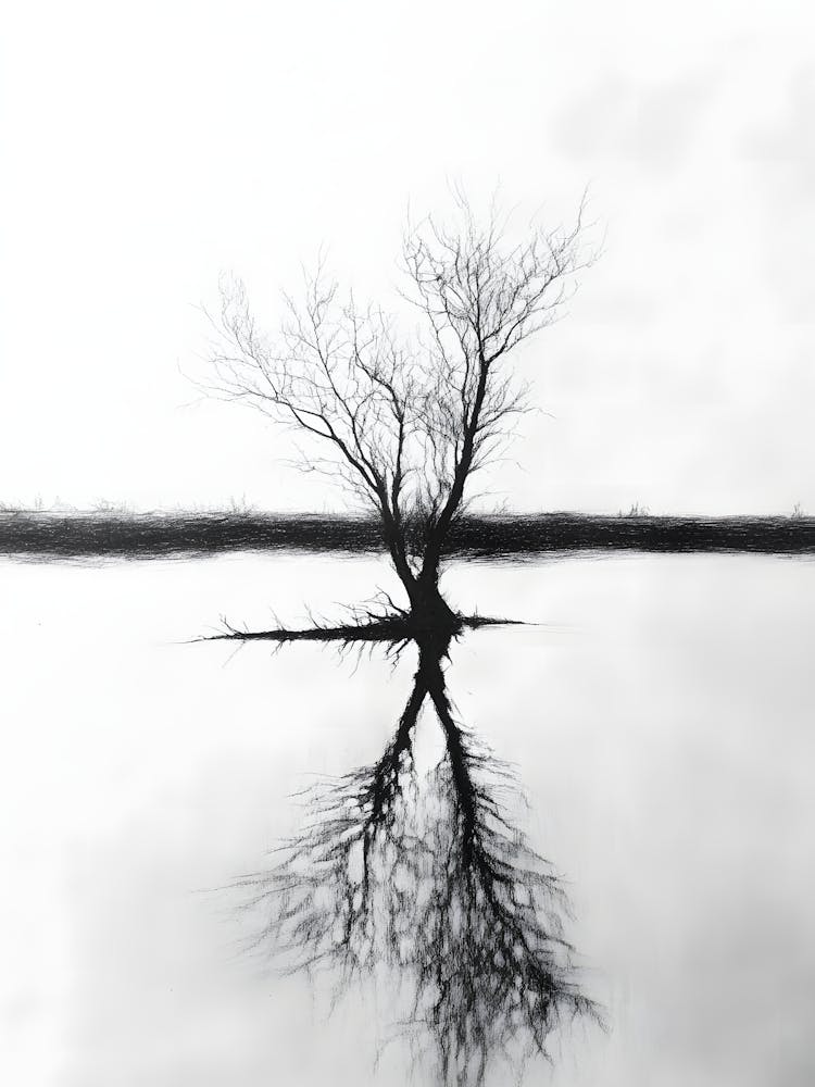 Charcoal Pencil Drawing Lone Tree