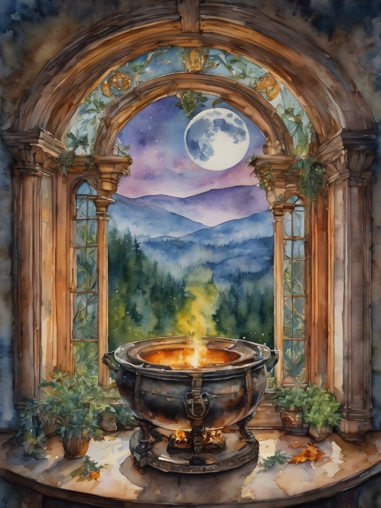 Spell Casting - Witch's Cauldron Fairytale Watercolor Art by Lyra the Lavender Witch - Pagan Witchcraft Witches Brew Potion Making on the Full Moon Magick Wicca Witchcore Gallery Feature Wall Beautiful Colorful Cottagecore