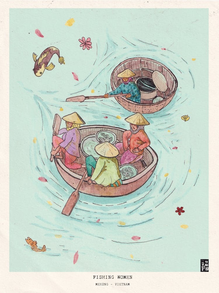 Vietnam Travel - Fishing Women in Mekong Delta Watercolor - Vietnamese Culture Art - Tropical Illustration Print