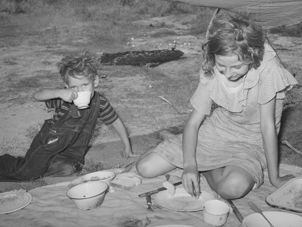 Migrant Children Eating Under Tarpaulin Stretched From Their Automobile Parked Near Muskogee, Oklahoma, Muskoge