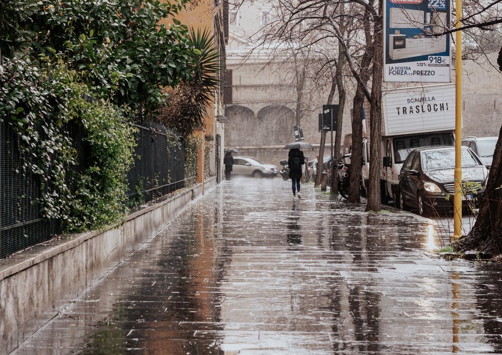 The Girl With The Umberella In The Rainy Streets Of Rome Italy