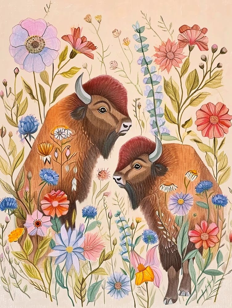 Folkloristische Blumen Tierzeichnung Bison 3