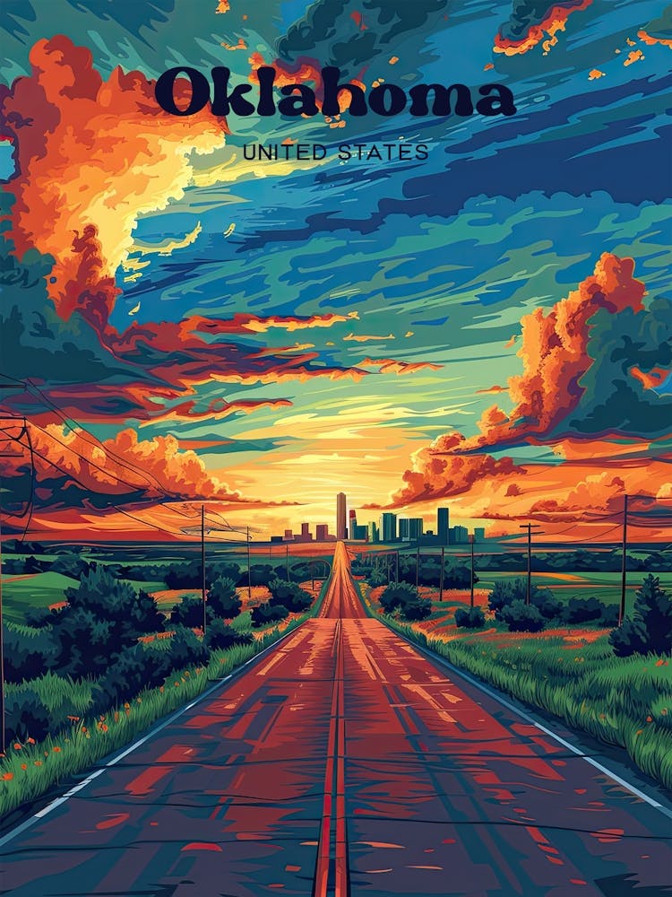 Oklahoma Sunset Travel Art Illustration