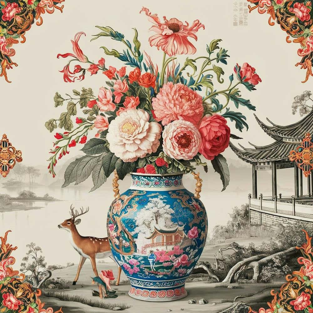 Chinoiserie vase and flowers and deer, traditional art style