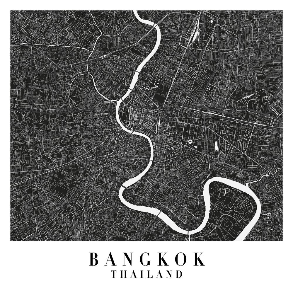 Bangkok Thailand Minimal Black Mono Street Map  Square
