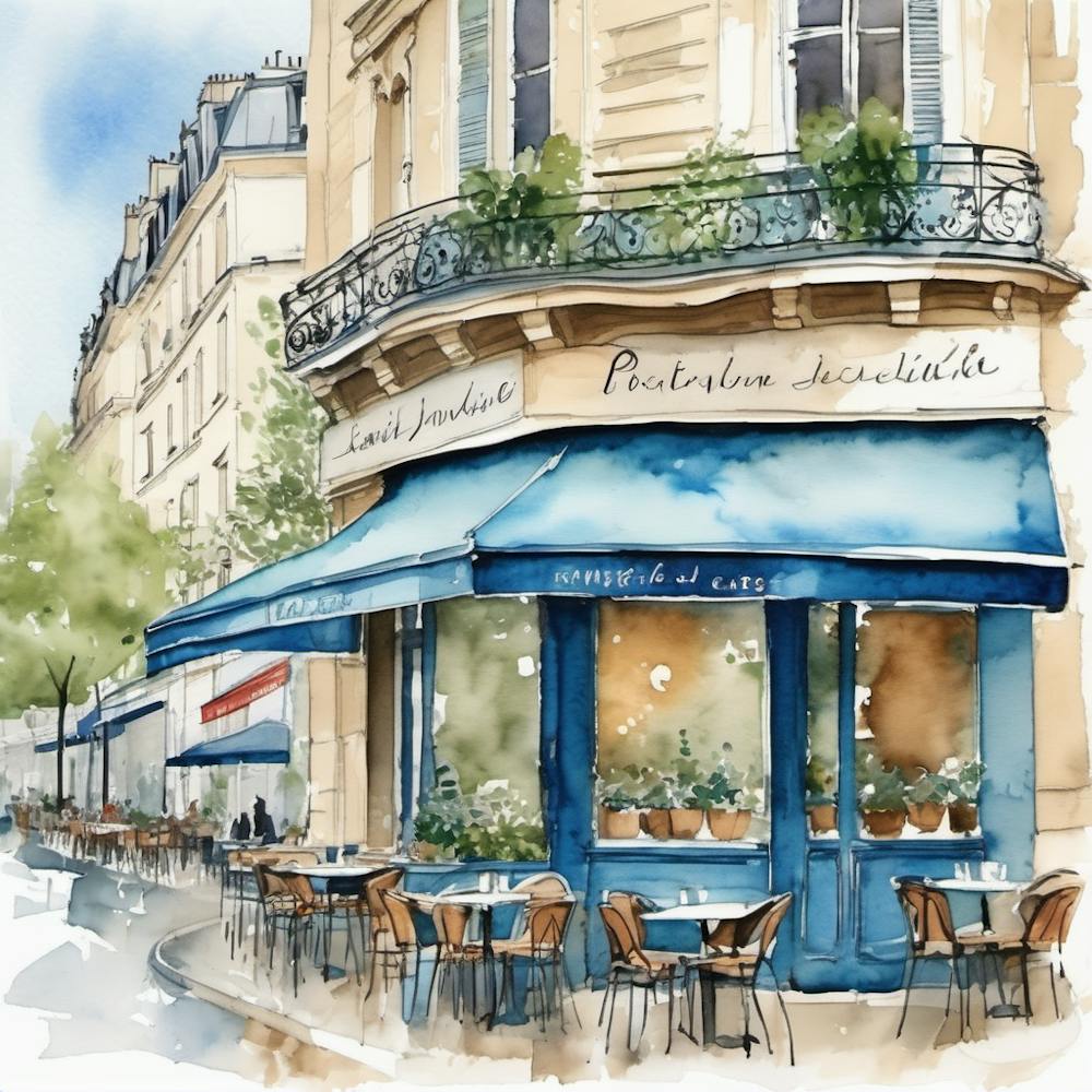 Paris Street Cafe Scene Illustration Sage Blue Watercolour 3 1