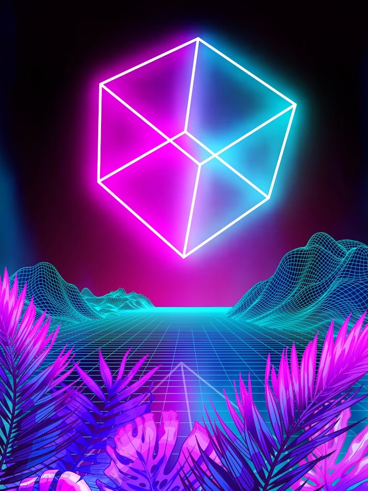 Neon landscape: Synth Cube [synthwave/vaporwave/cyberpunk] — aesthetic retrowave neon poster