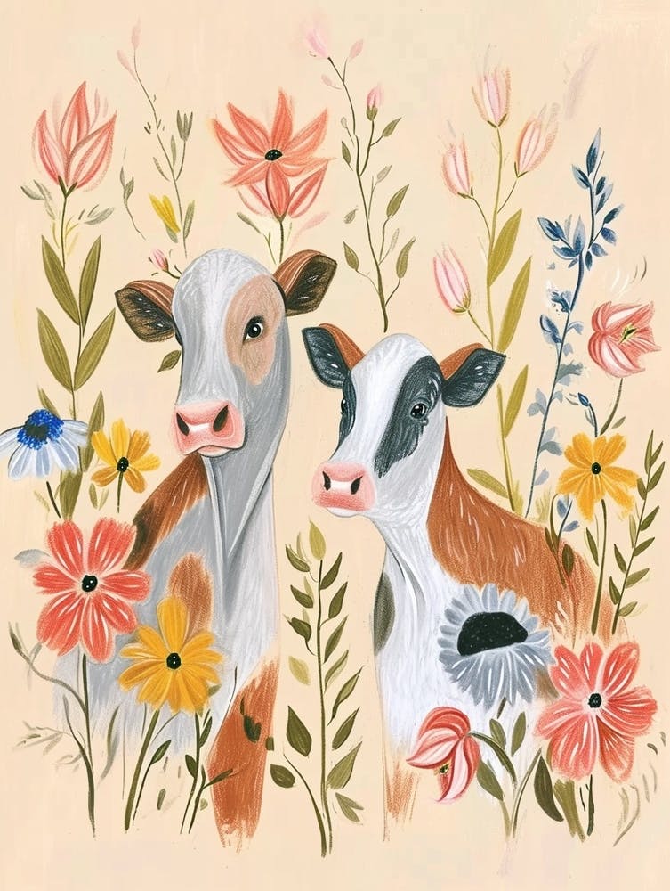 Folksy Floral Animal Drawing Cow 4